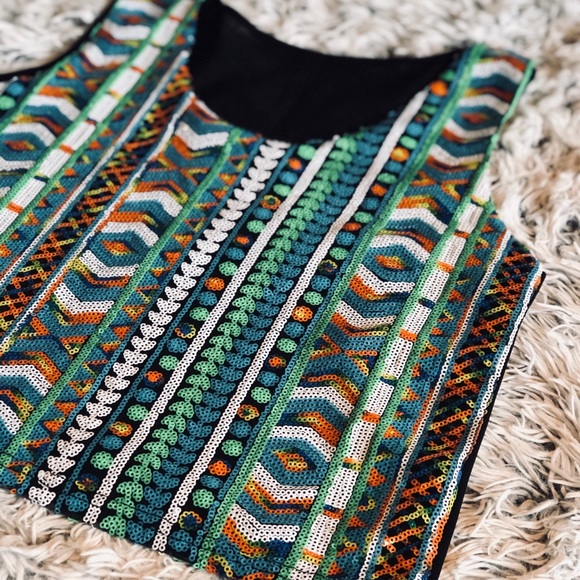 Multi-Colored Sequin Aztec Sleeveless Crop Top - Picture 2 of 7